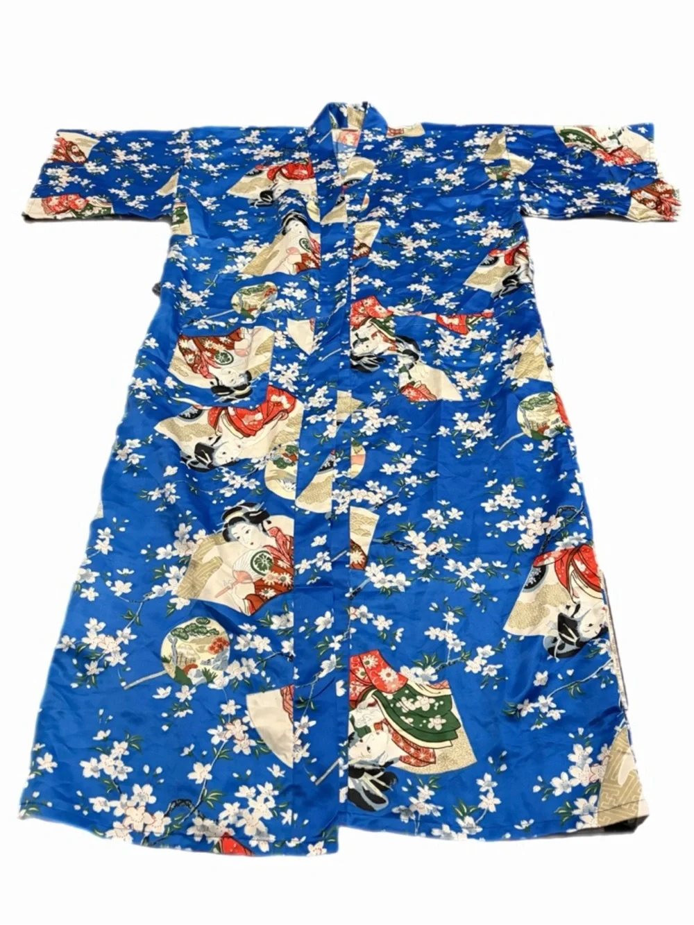 70s European Vintage Geisha Cherry Blossom Maxi Kimono Robe (Blue/Multi) L - Picture 1 of 8